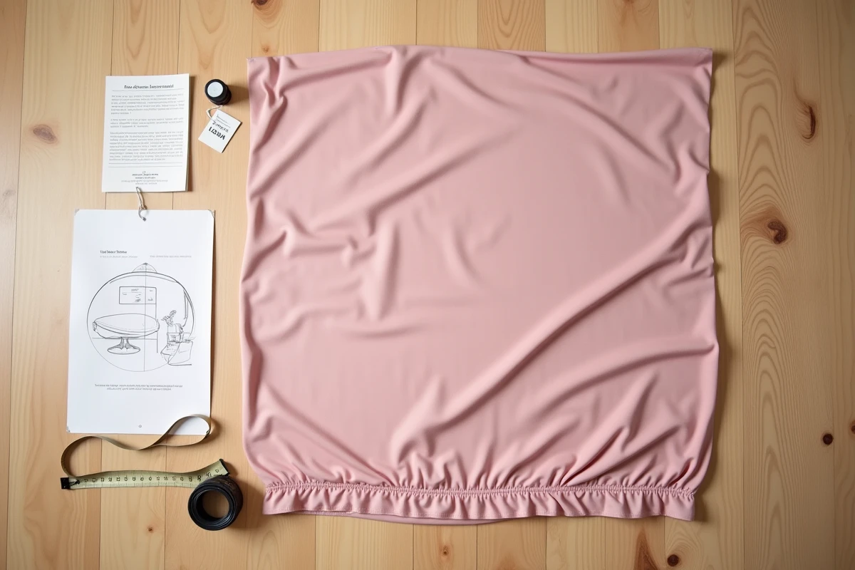 Vue à plat d'une housse extensible rose poudré pour fauteuil avec étiquette prix et mètre ruban sur parquet en chêne clair