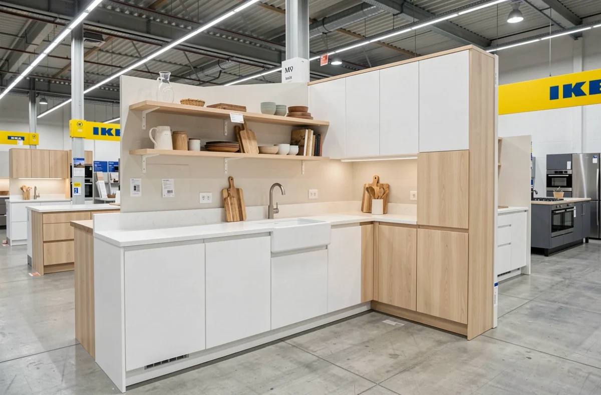 Cuisine exposée dans le magasin IKEA d'Hénin-Beaumont avec meubles blancs et plan de travail en quartz