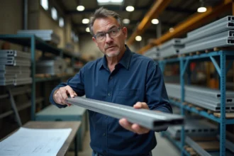 Ingénieur inspectant un tube en aluminium rectangulaire déformé dans un atelier industriel