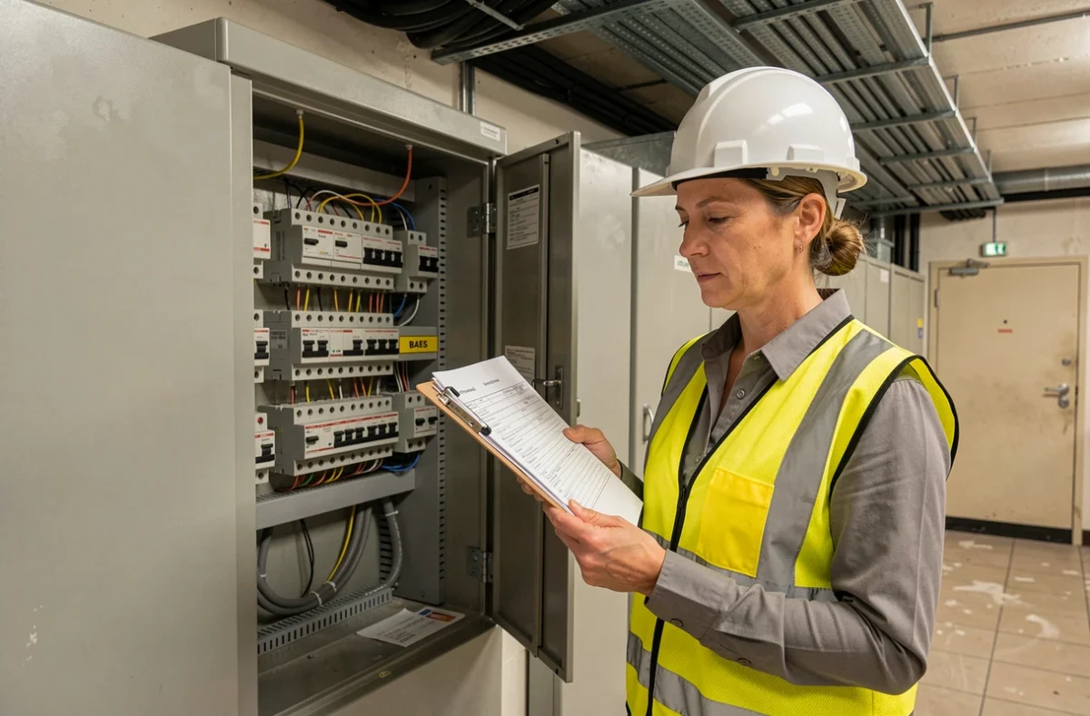 Ingénieure électrique consultant un document de conformité devant un tableau électrique avec modules BAES, vérification des exigences réglementaires avant travaux