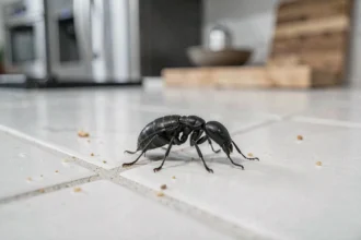 Gros plan macro d'un insecte noir sur un plan de travail de cuisine en céramique blanche, identification espèce invasive maison
