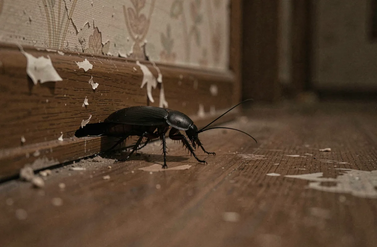 Insecte noir rampant le long d'une plinthe en bois dans un couloir intérieur, espèce invasive domestique à identifier