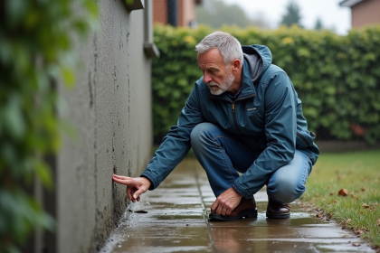 Homme inspectant un enduit extérieur humide en extérieur