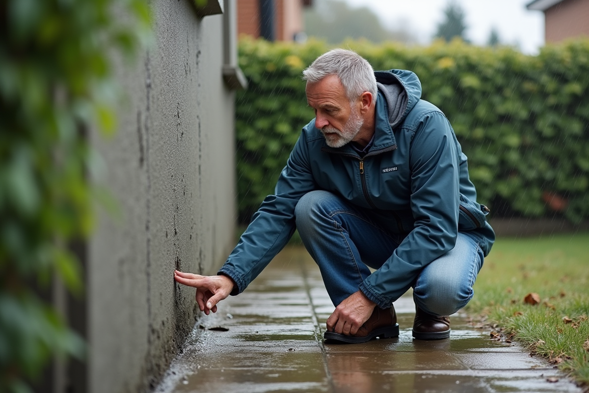 Homme inspectant un enduit extérieur humide en extérieur