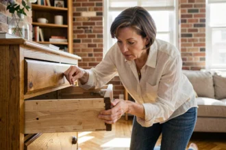 Femme inspectant une commode en chêne vintage avant une reprise de meuble