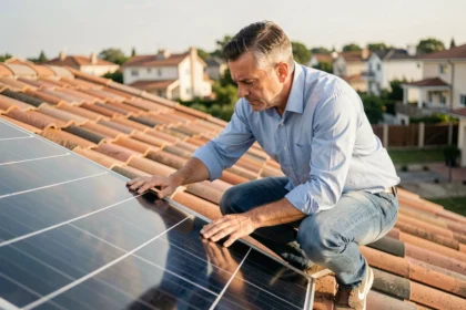 Homme inspectant un panneau solaire sur un toit en tuiles lors d'une promotion de panneaux solaires