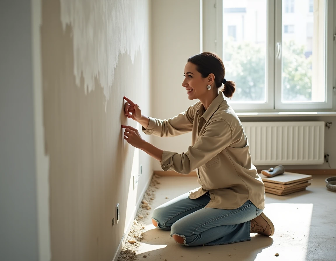 Femme inspectant un mur intérieur après application d'un traitement hydrofuge dans un appartement en rénovation