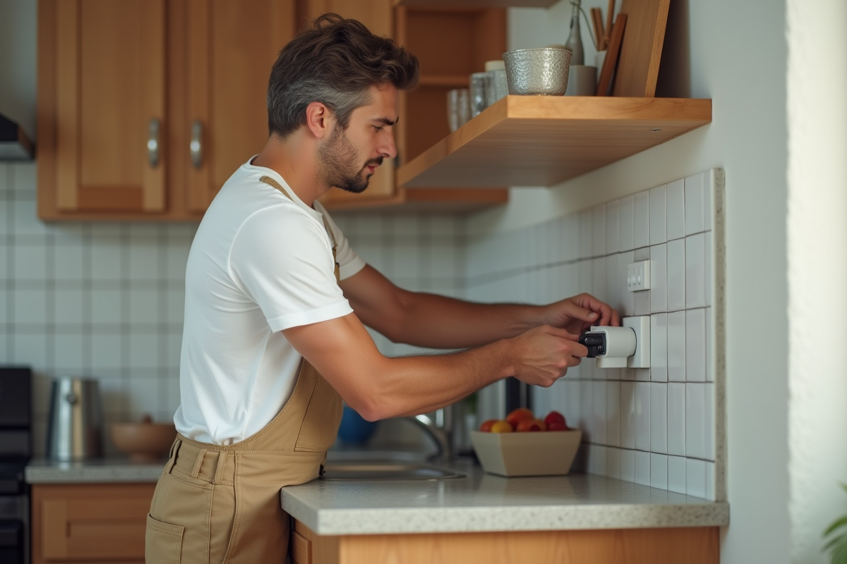 Jeune homme installant un dispositif de prevention incendie