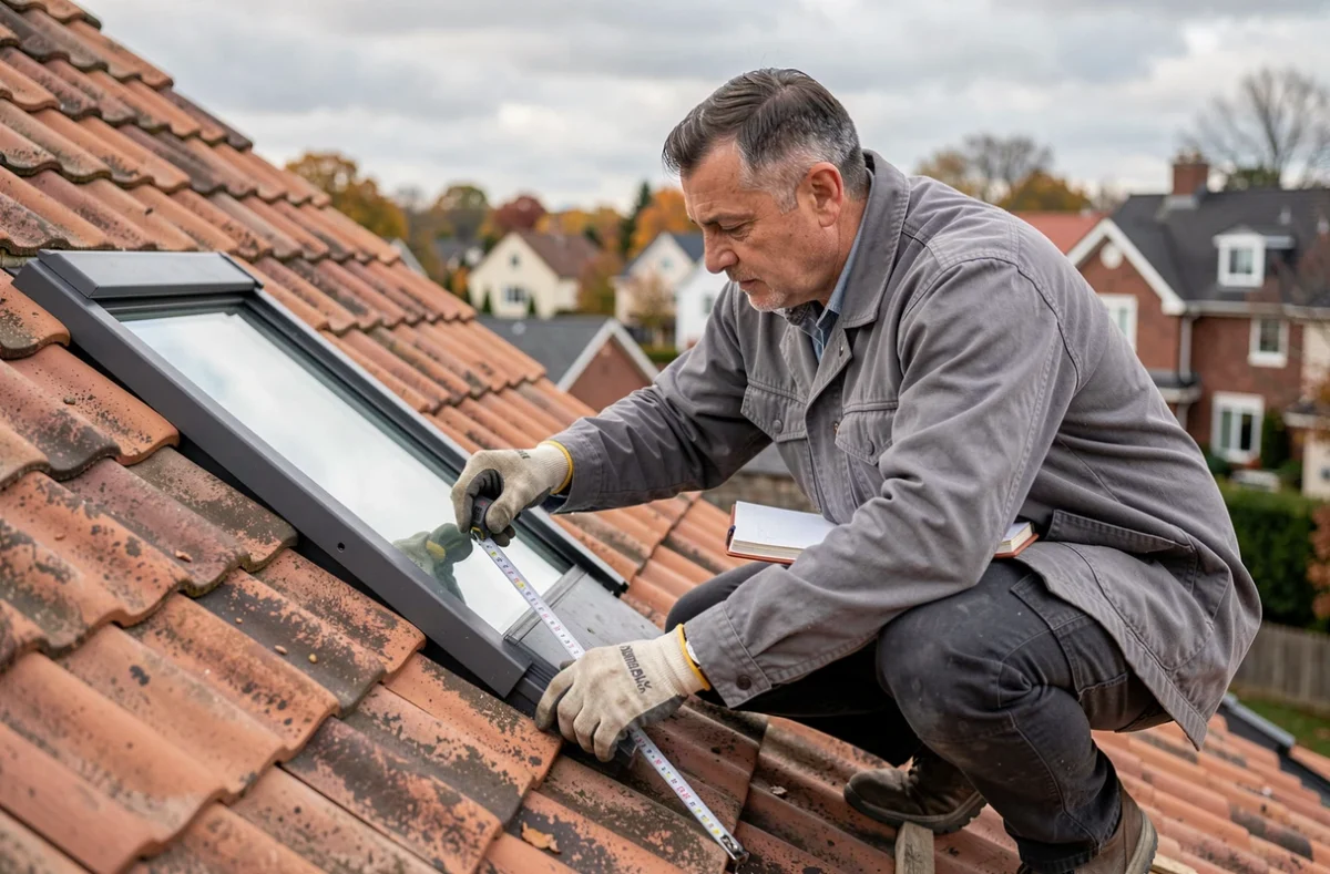 Technicien mesurant une fenêtre de toit Velux sur une toiture en tuiles lors d'une installation à domicile