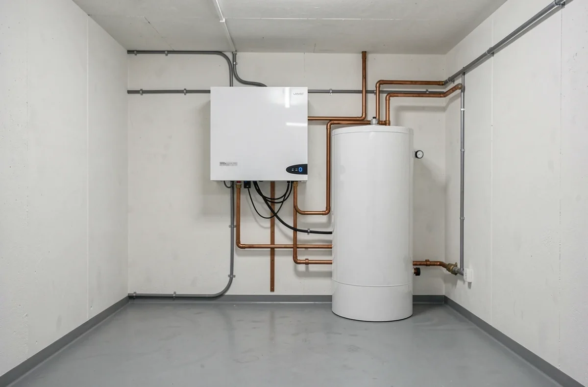 Installation intérieure d'une pompe à chaleur avec ballon tampon dans une chaufferie résidentielle