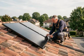 Technicien installant un kit solaire autoconsommation 600W sur un toit de maison individuelle