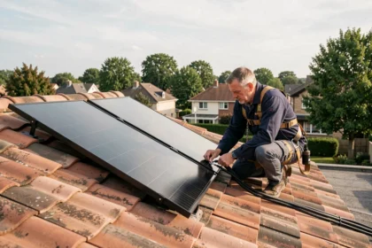 Technicien installant un kit solaire autoconsommation 600W sur un toit de maison individuelle