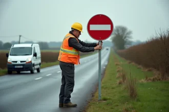 Ouvrier routier installant un panneau B34 sur une route départementale française en milieu rural