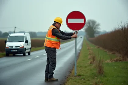 Ouvrier routier installant un panneau B34 sur une route départementale française en milieu rural
