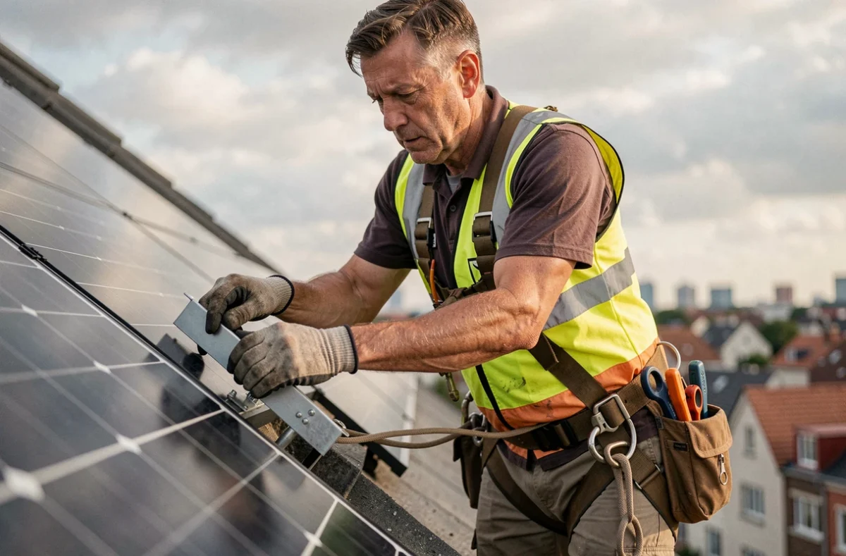 Technicien installant des panneaux solaires Viessmann sur un toit avec harnais de sécurité