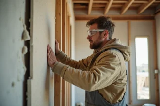 Ouvrier installant des plaques de plâtre isolantes thermiques et acoustiques sur une ossature métallique dans une pièce en rénovation