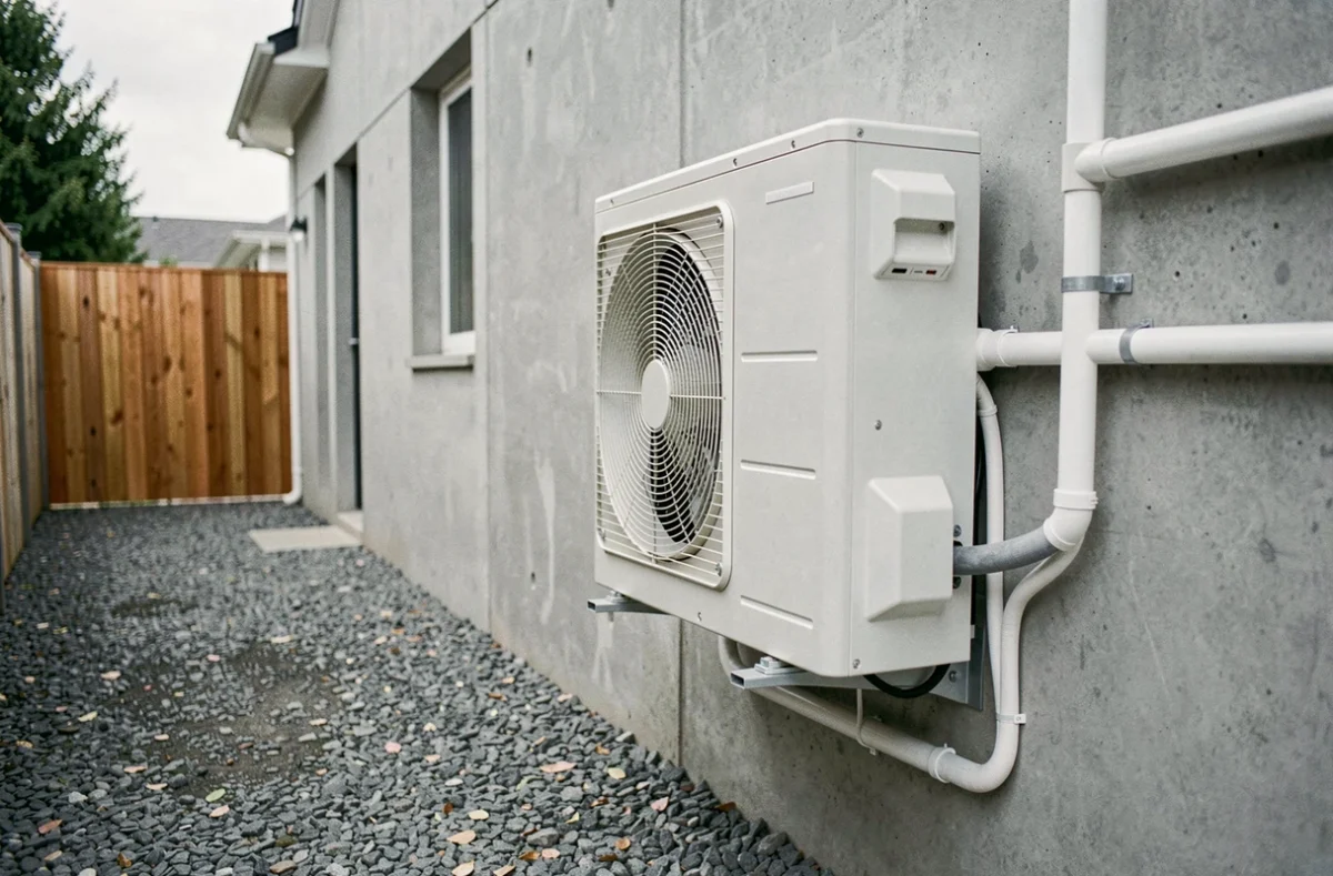 Pompe à chaleur installée sur un mur extérieur en béton enduit avec espace de dégagement visible et tuyaux de raccordement