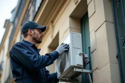 Technicien HVAC installant une pompe à chaleur sur la façade d'un immeuble haussmannien à Paris