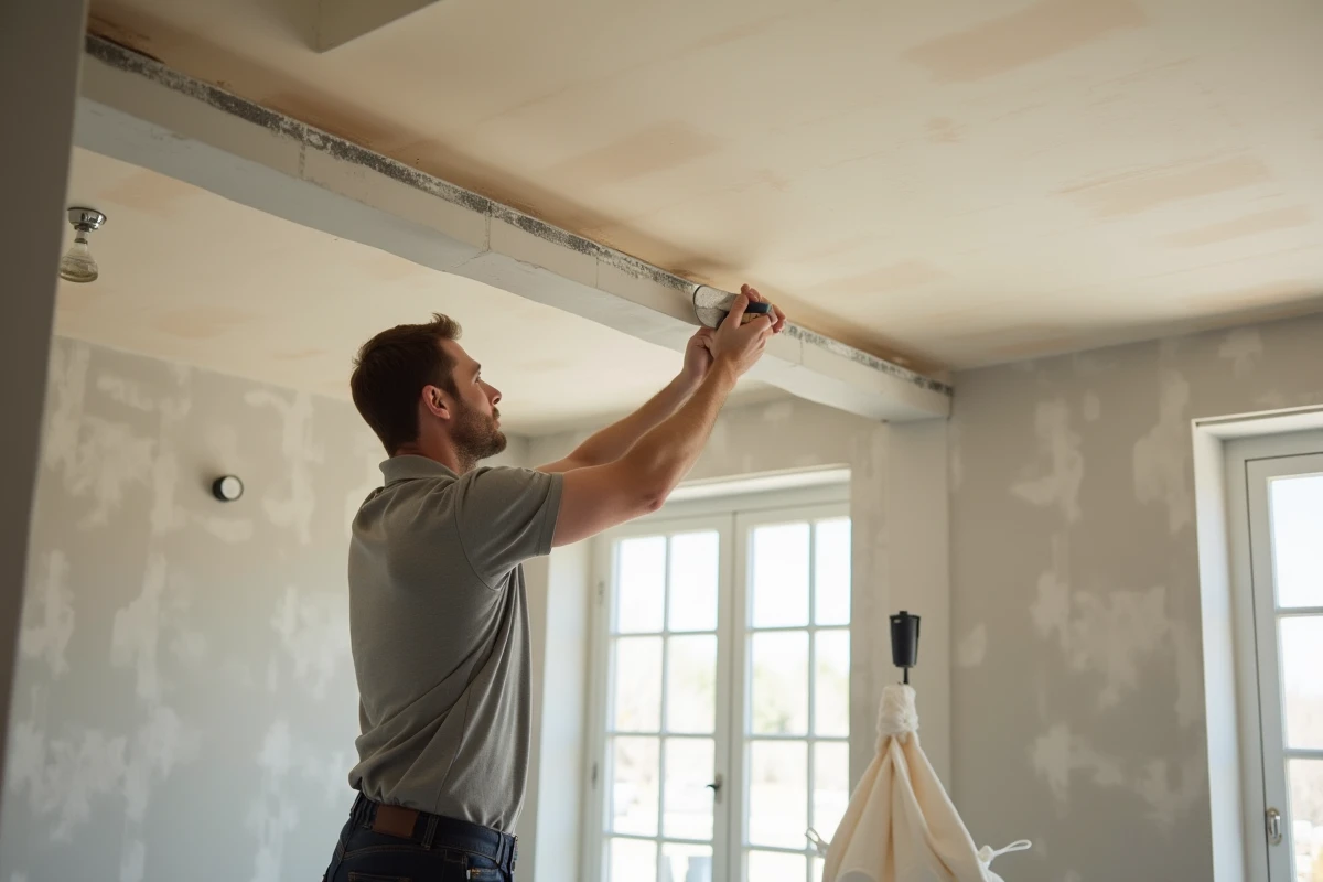 Installateur posant une toile tendue au plafond d'une cuisine en cours de rénovation avec outil de fixation