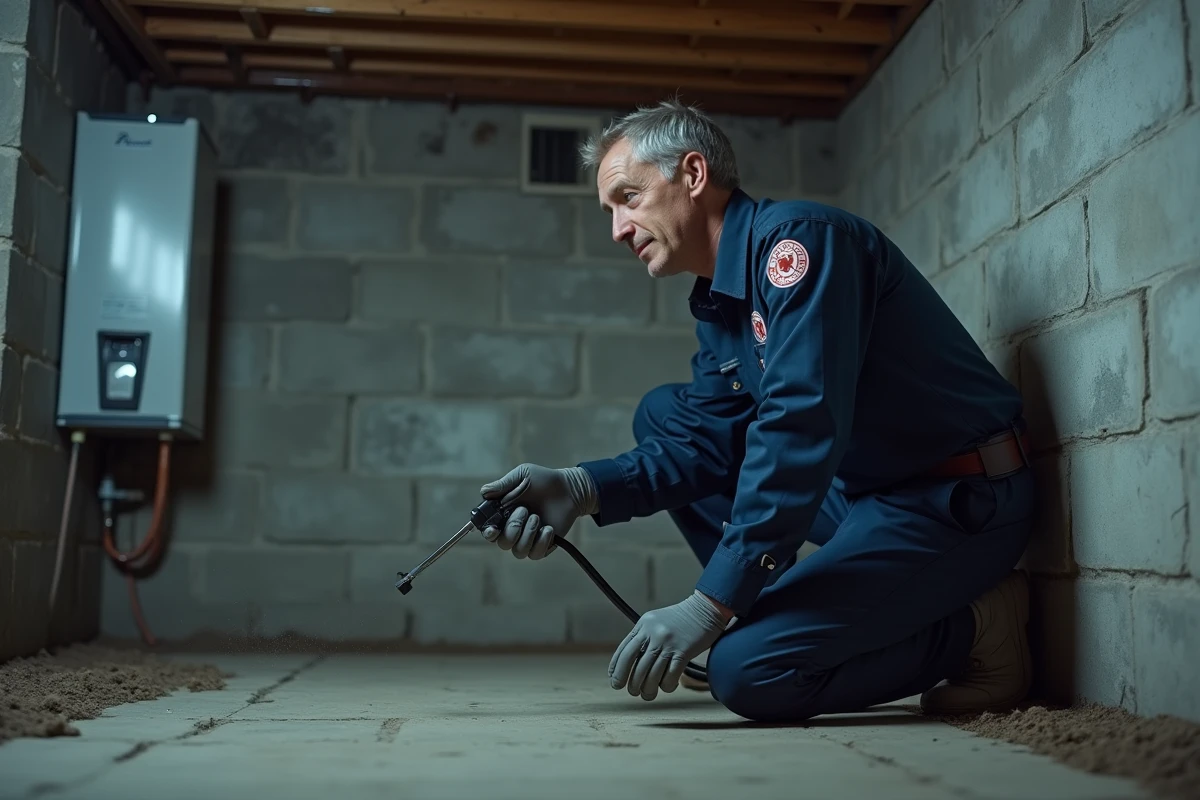 Technicien en désinsectisation traitant un sous-sol contre les centipèdes de maison avec un pulvérisateur professionnel