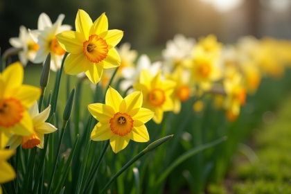 Jardin coloré avec des jonquilles en fleurs au matin