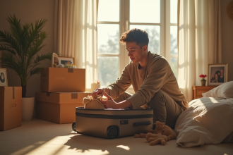 Jeune adulte préparant ses affaires dans une chambre lumineuse