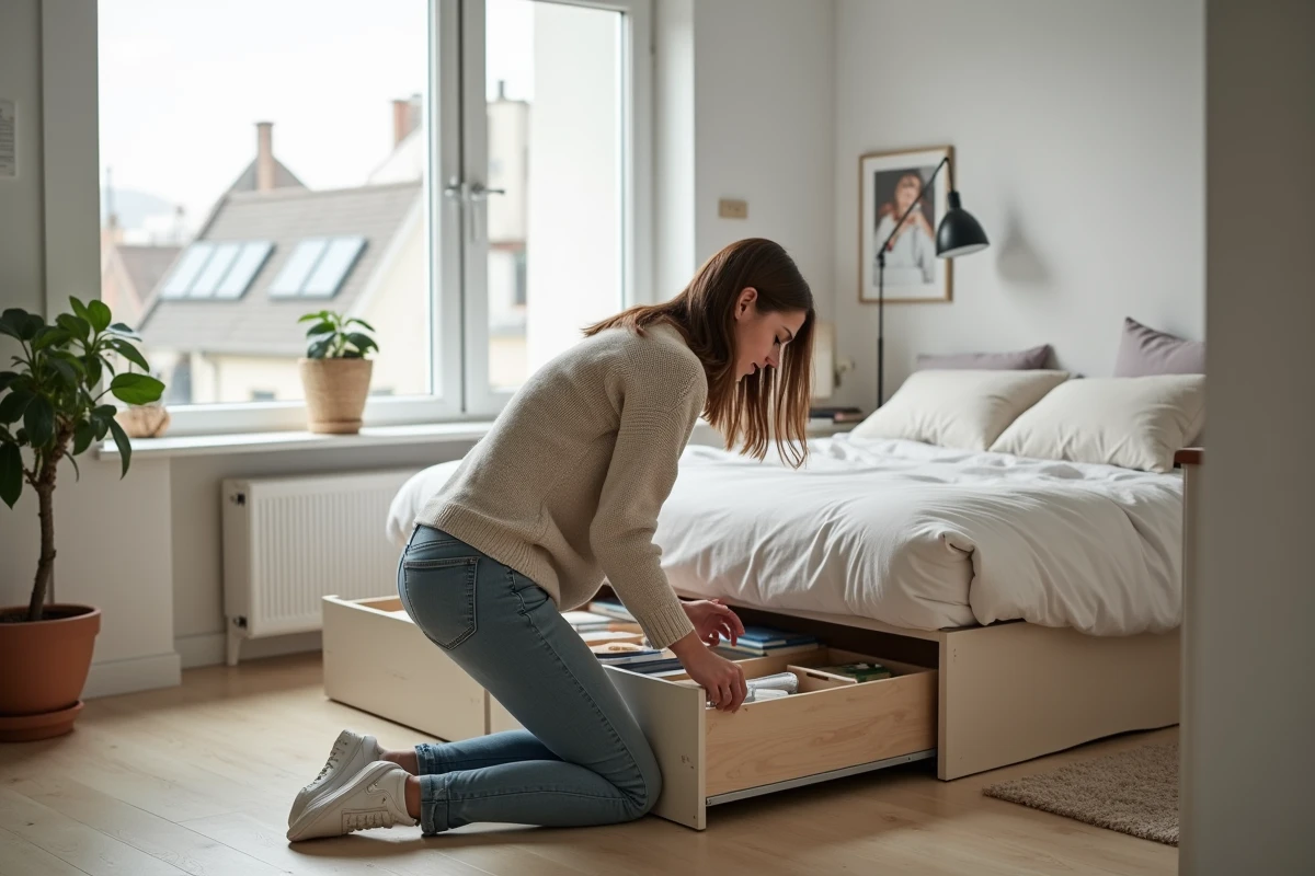 Jeune femme organise des livres dans un tiroir de lit stylé