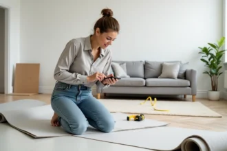 Jeune femme pose un sol PVC dans un salon lumineux