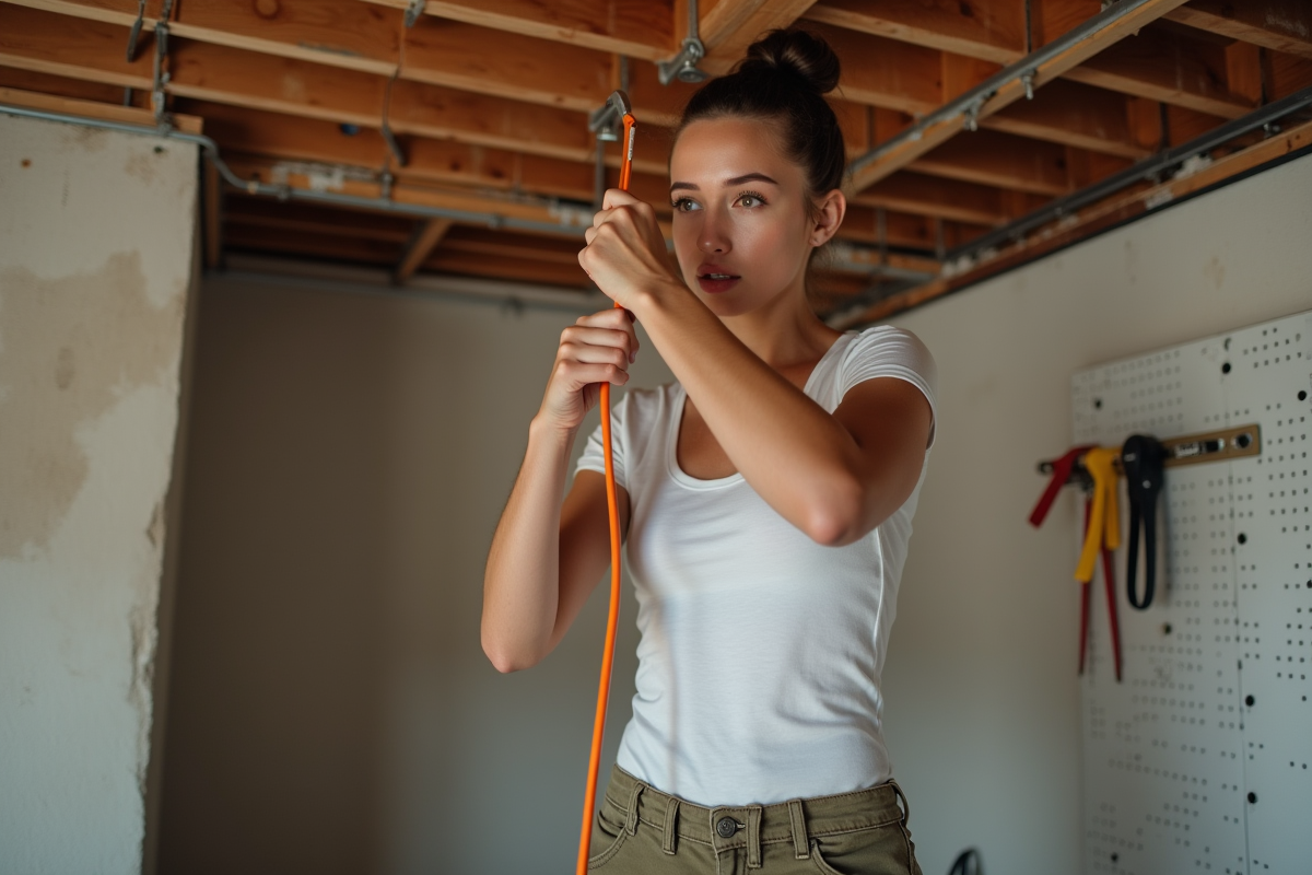 Jeune femme tirant un fil électrique dans un sous-sol