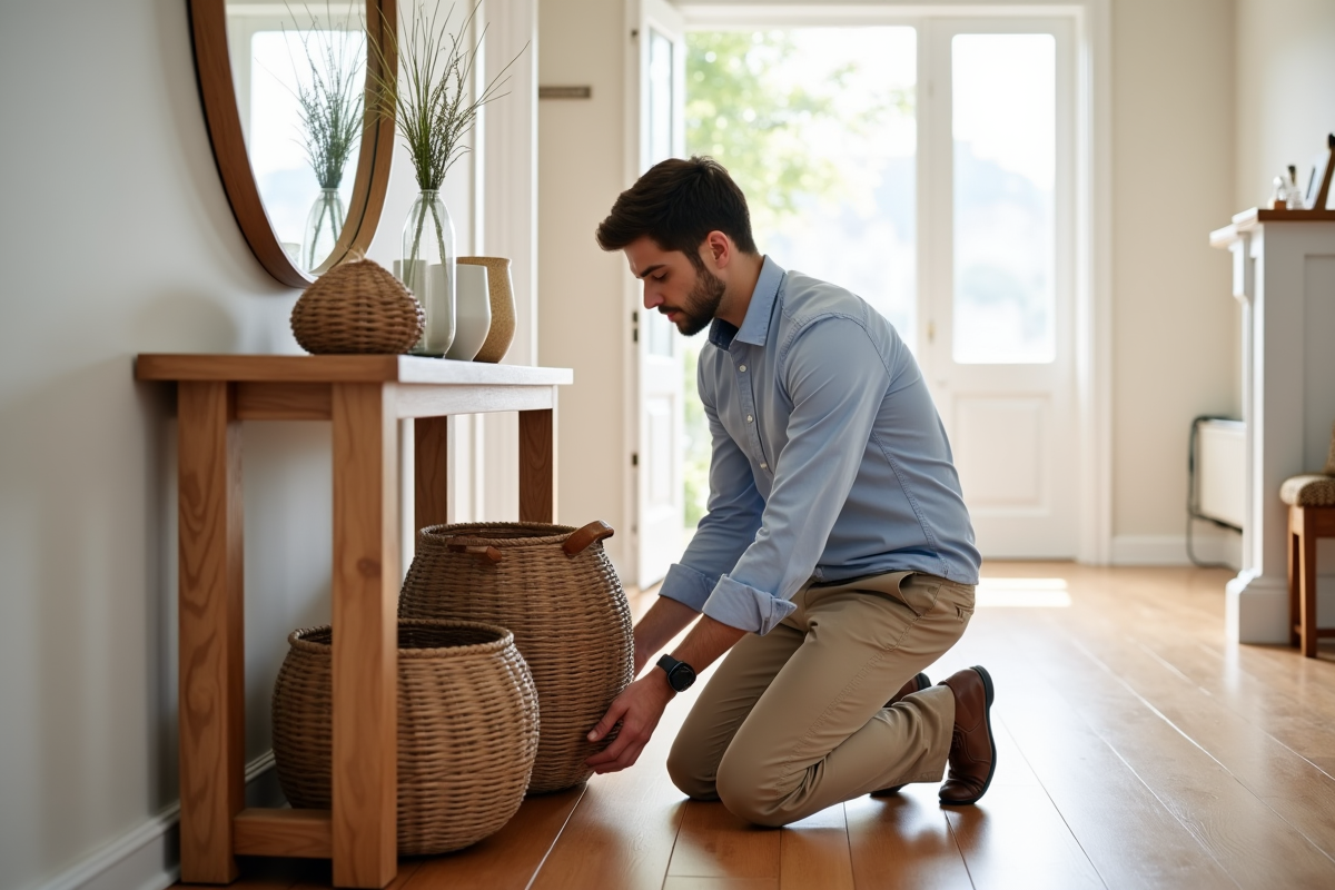 Jeune homme posant des paniers en seagrass sous une console en entrée