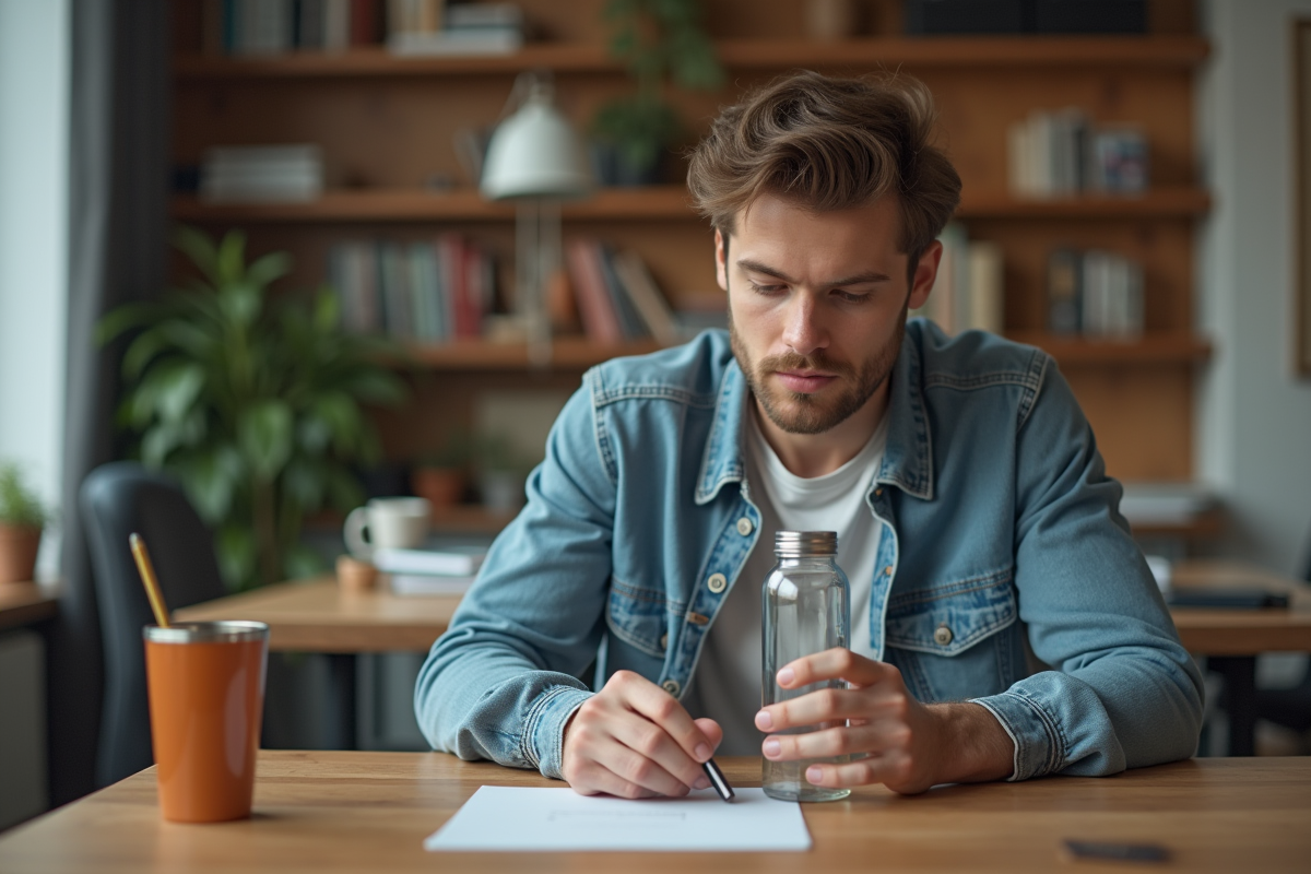 Jeune homme ramasse une bouteille réutilisable sur un bureau
