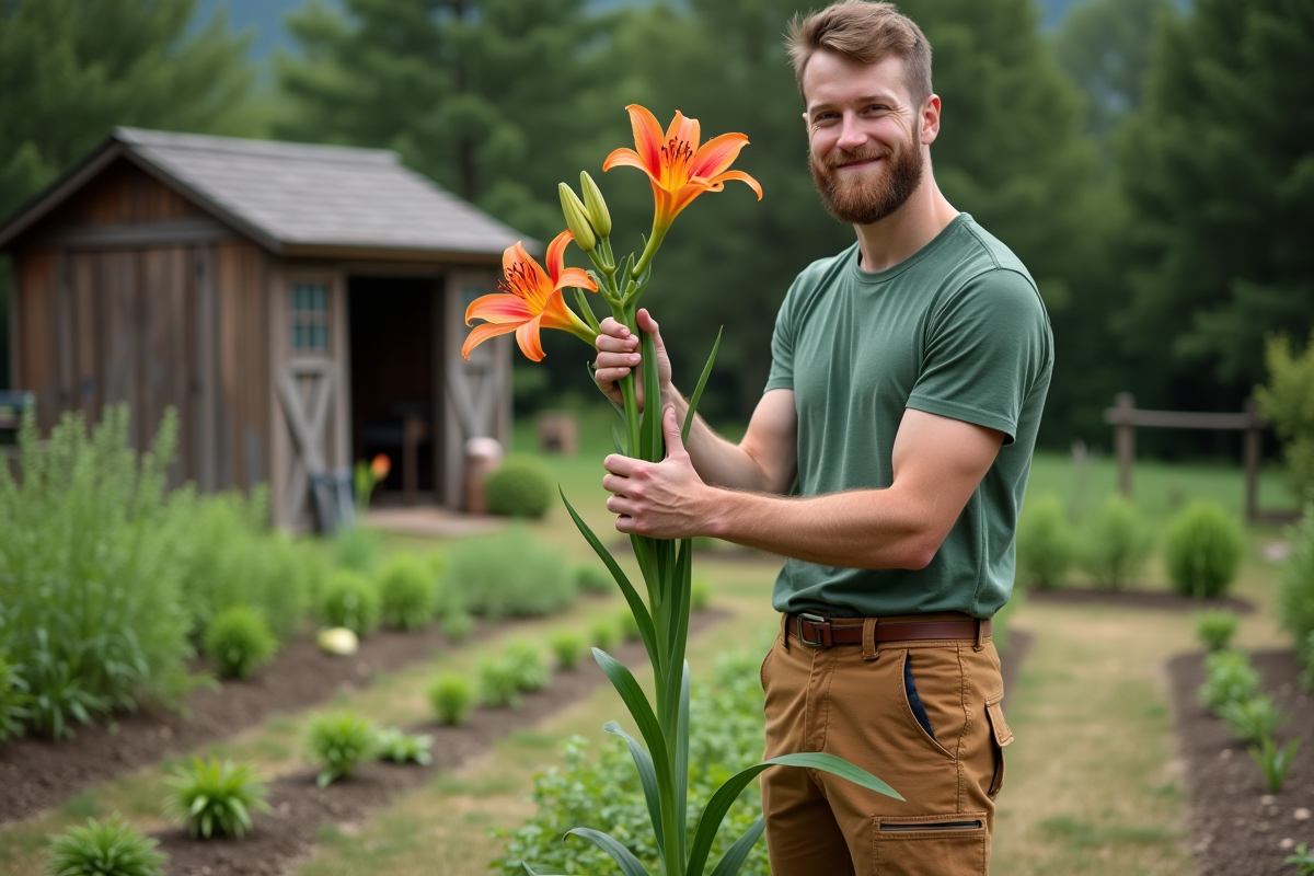 Jeune homme plantant un lys dans un jardin rural