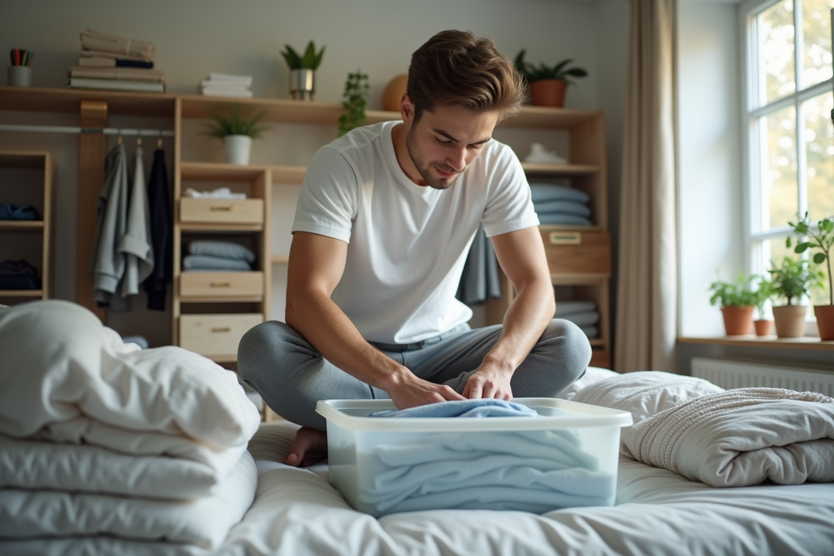 Jeune homme pliant des vêtements dans sa chambre bien rangée