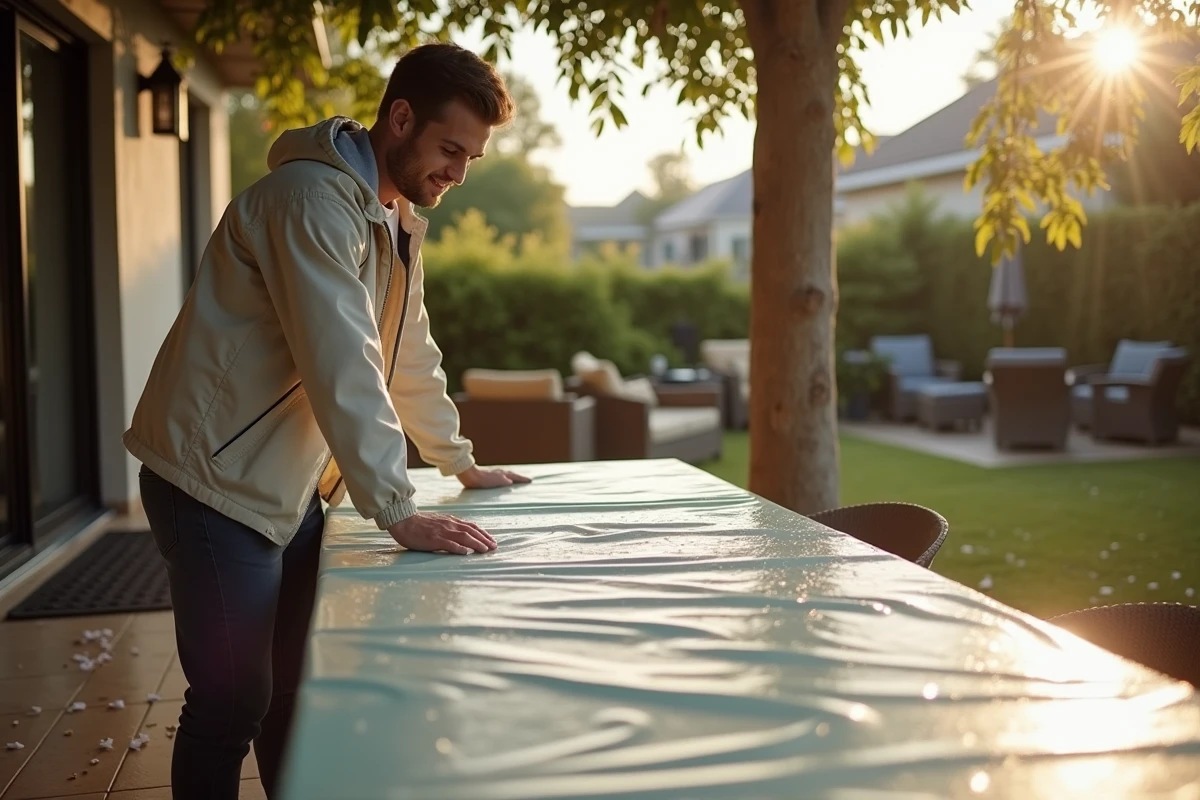 Jeune homme touche la nappe ensoleillée après la pluie