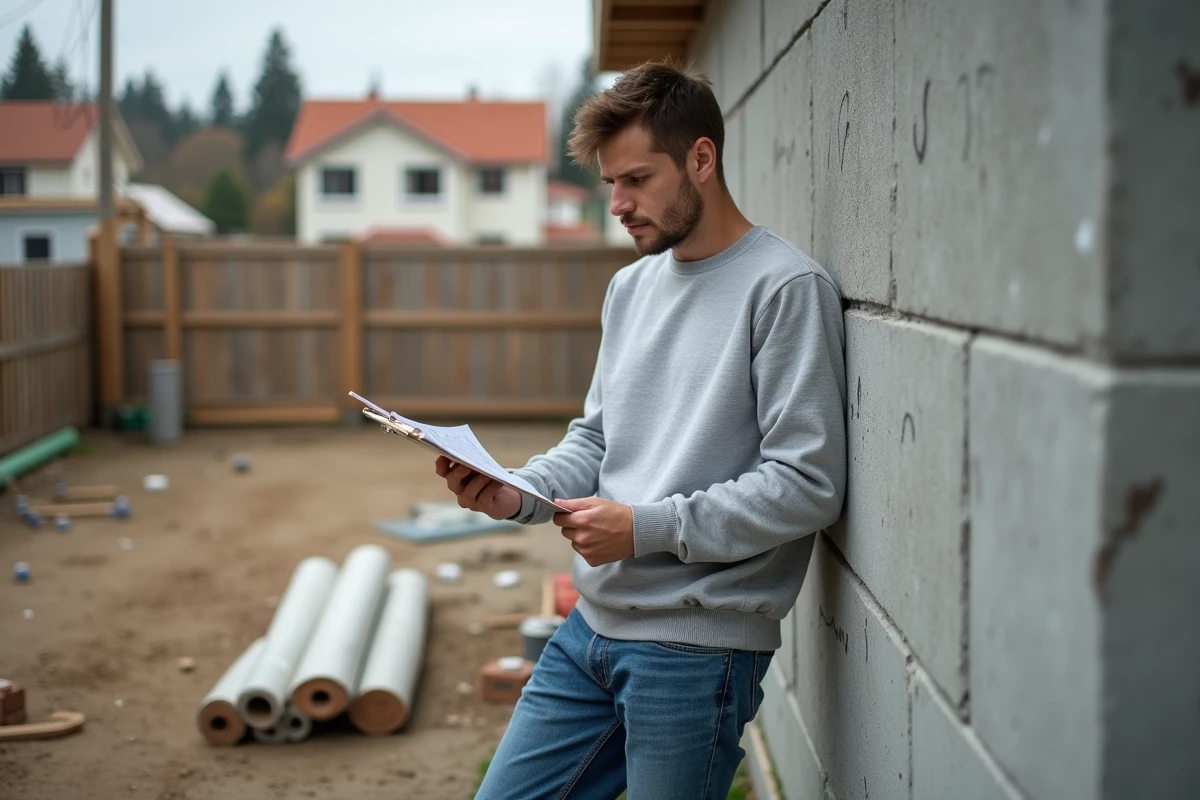 Jeune homme vérifiant des papiers devant maison en rénovation