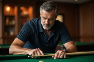 Joueur de billard inspectant une queue Chevillotte professionnelle dans un club haut de gamme