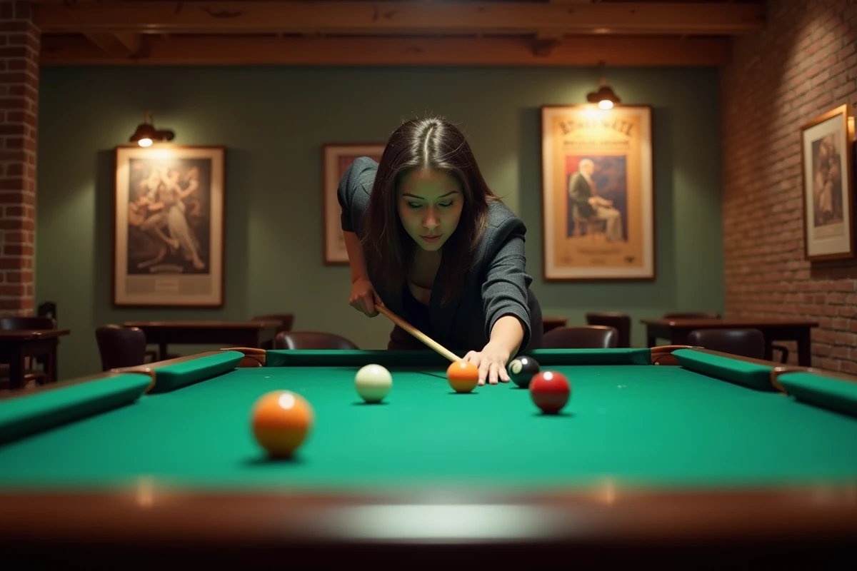 Joueuse de billard en pleine frappe sur une table professionnelle dans une salle de billard élégante