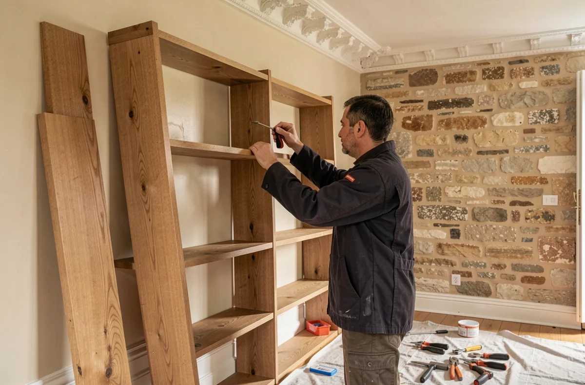 Spécialiste de JPG Rénovation installant des étagères en bois sur mesure dans un salon parisien rénové