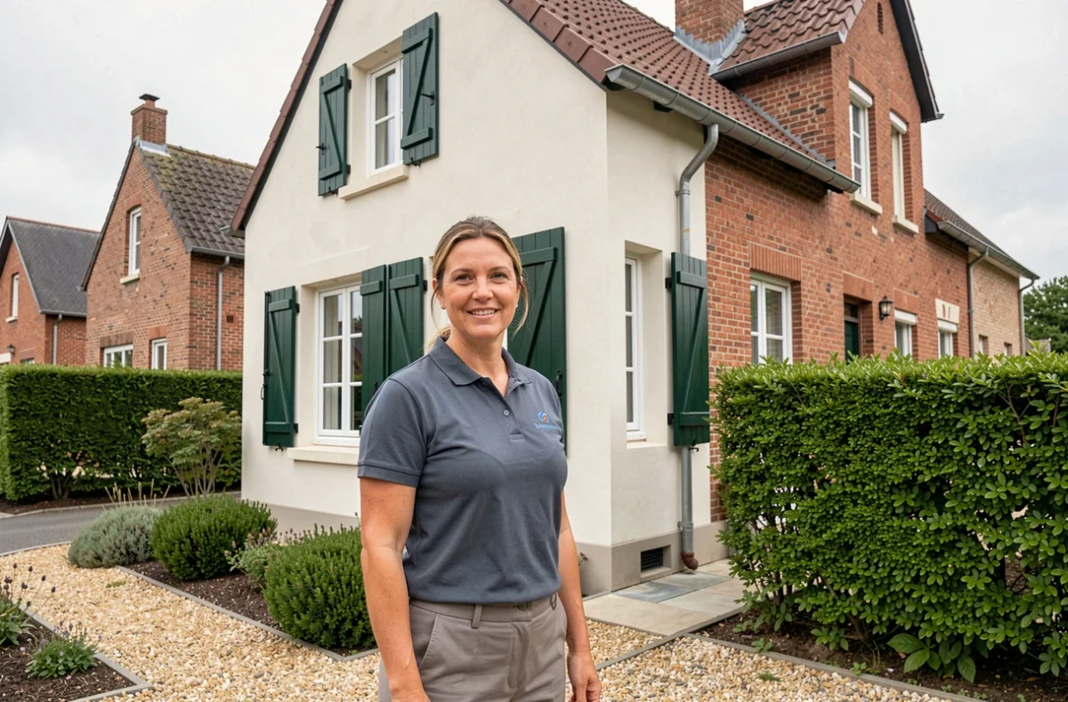 Propriétaire d'entreprise devant une maison rénovée dans le Pas-de-Calais pour Justine Veillet SARL
