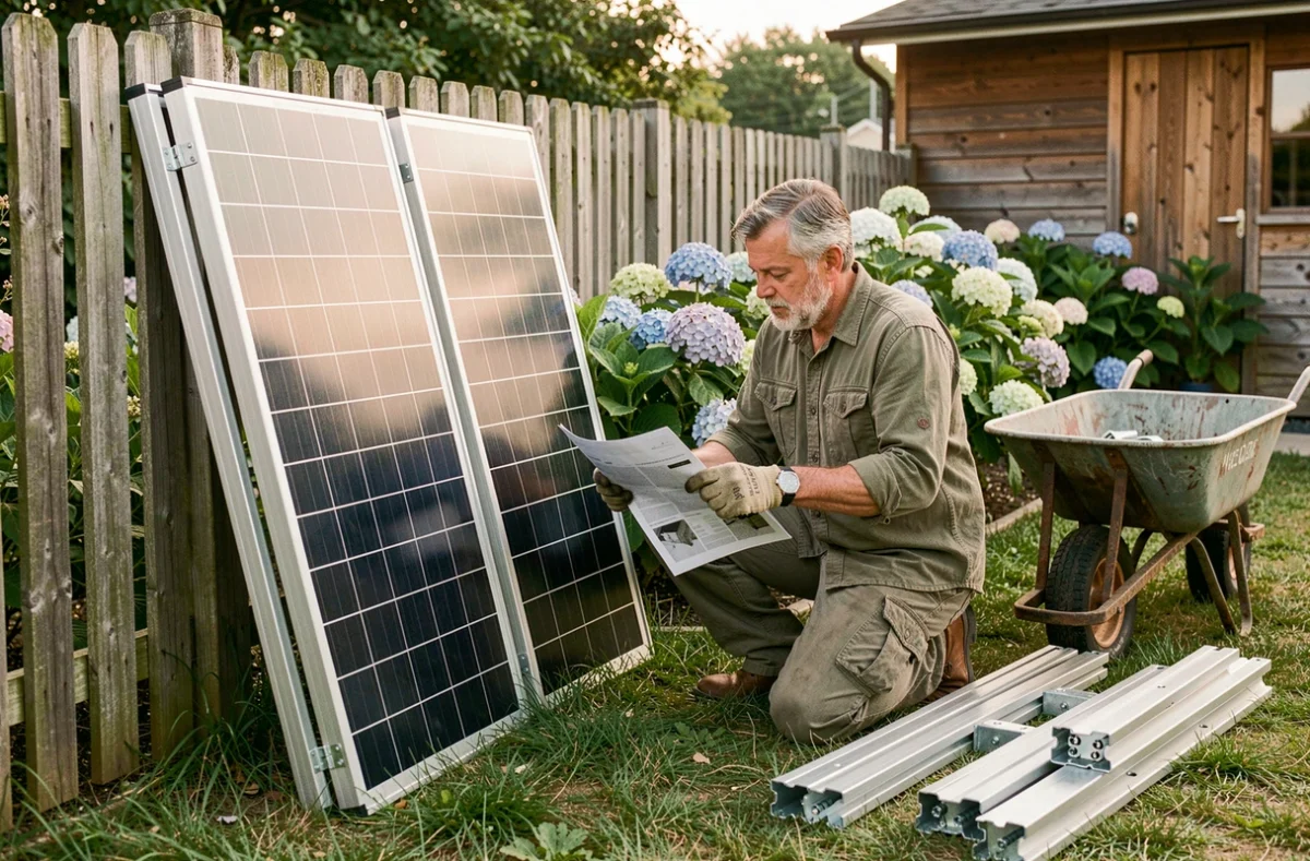 Particulier préparant l'installation de panneaux solaires 600W dans son jardin en autoconsommation