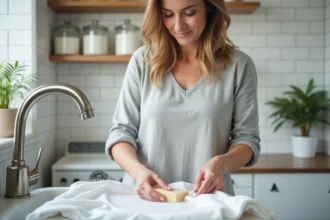 Femme lavant à la main une chemise blanche dans un évier de buanderie avec du savon naturel pour redonner de l'éclat au linge blanc devenu gris