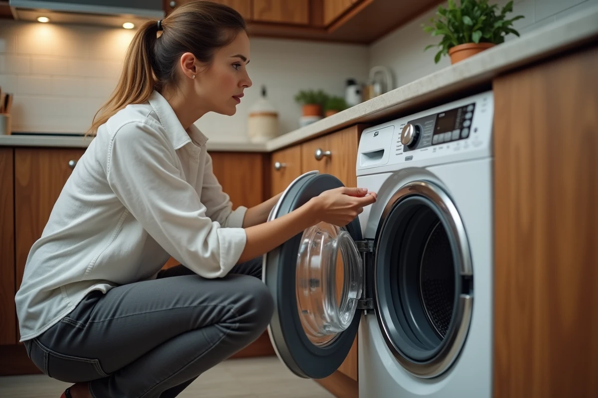 Femme inspectant un lave-linge compact encastré sous un plan de travail dans une petite cuisine d'appartement