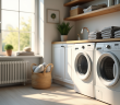 Salle de lavage moderne avec machine en utilisation et linge propre