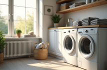 Salle de lavage moderne avec machine en utilisation et linge propre