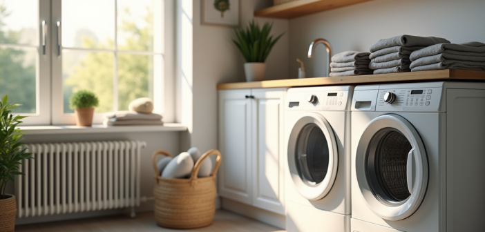Salle de lavage moderne avec machine en utilisation et linge propre