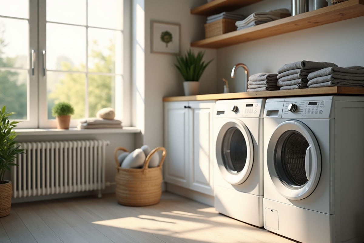 Salle de lavage moderne avec machine en utilisation et linge propre