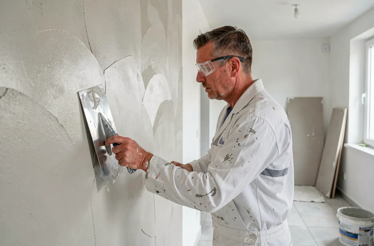Plâtrier lissant une cloison intérieure lors d'un aménagement intérieur pour LC Création Plâtrerie