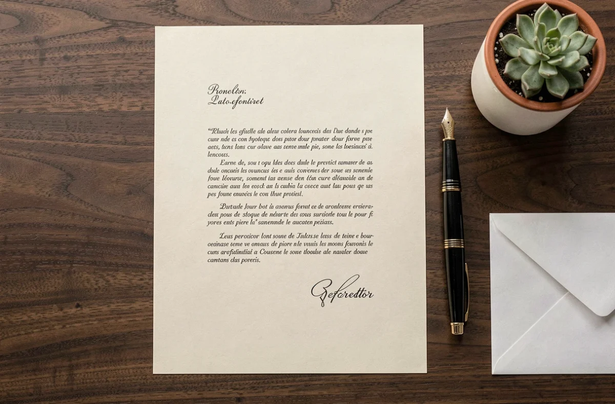 Lettre de référence pour femme de ménage posée sur un bureau en bois avec stylo et enveloppe