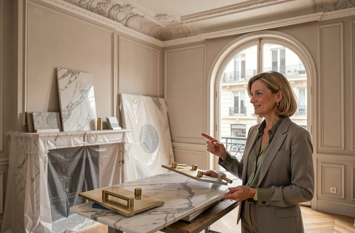 Architecte d'intérieur de Li Or présentant des matériaux haut de gamme dont du marbre et du laiton dans un appartement parisien de luxe en rénovation