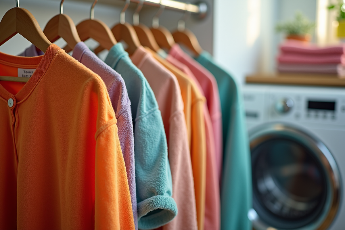 Vêtements colorés suspendus pour sécher avec vapeur visible